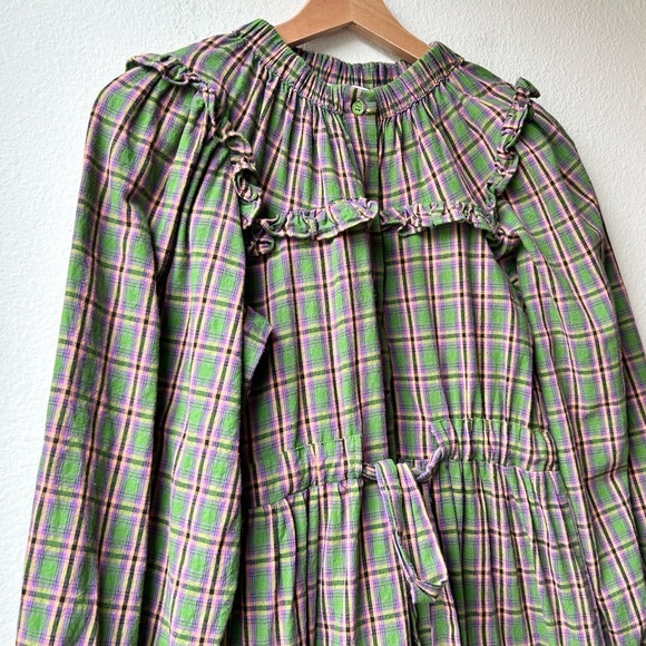shirt by rochelle behrens Green Pink Flannel Plaid Ruffle Long Sleeve Dress Sz S - Picture 2 of 12